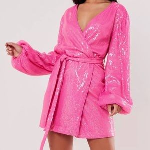 Pink Sequin Wrap Balloon Sleeve Mini Dress